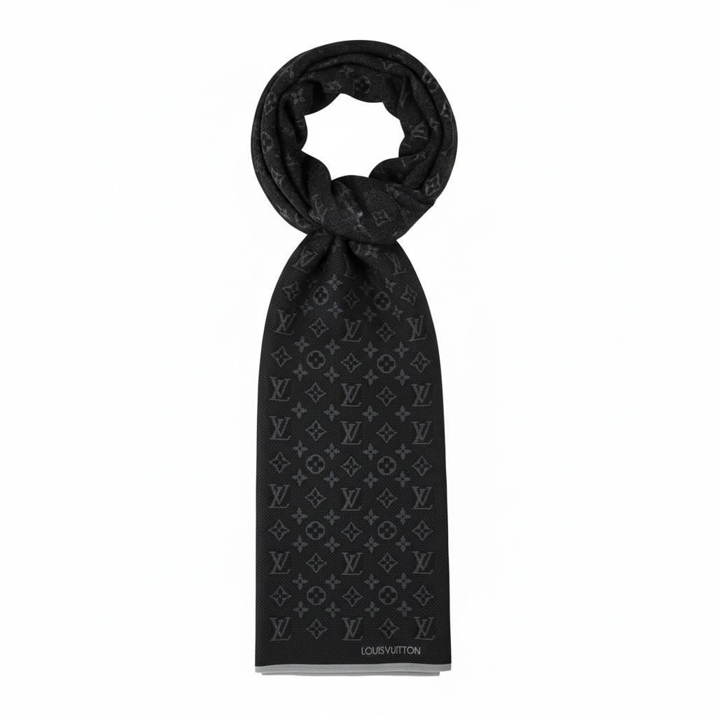 Louis Vuitton Black Monogram Scarf – Iconic All-Over LV Design 🖤✨