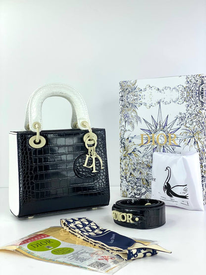 Dior Lady Dior Mini Bag in Black and White Croc-Embossed Leather