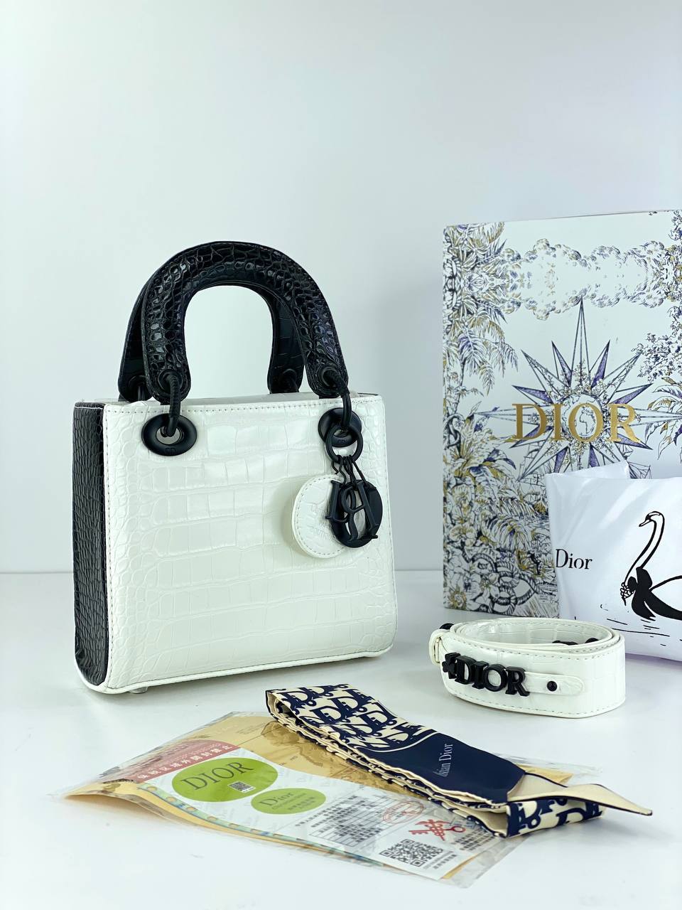 Dior Lady Dior Mini Bag in Black and White Croc-Embossed Leather