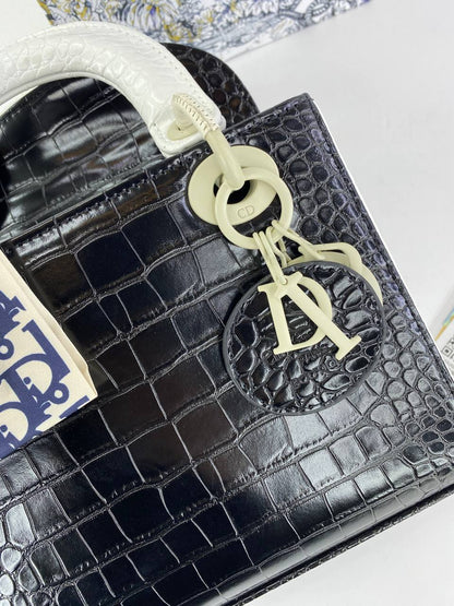 Dior Lady Dior Mini Bag in Black and White Croc-Embossed Leather