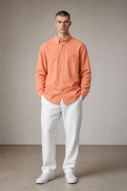 Polo Ralph Lauren Premium Peach Orange Oxford Button Down Long Sleeve Shirt for Men – Luxury Smart Casual Essential 🍑✨ - MASTERPIECE
