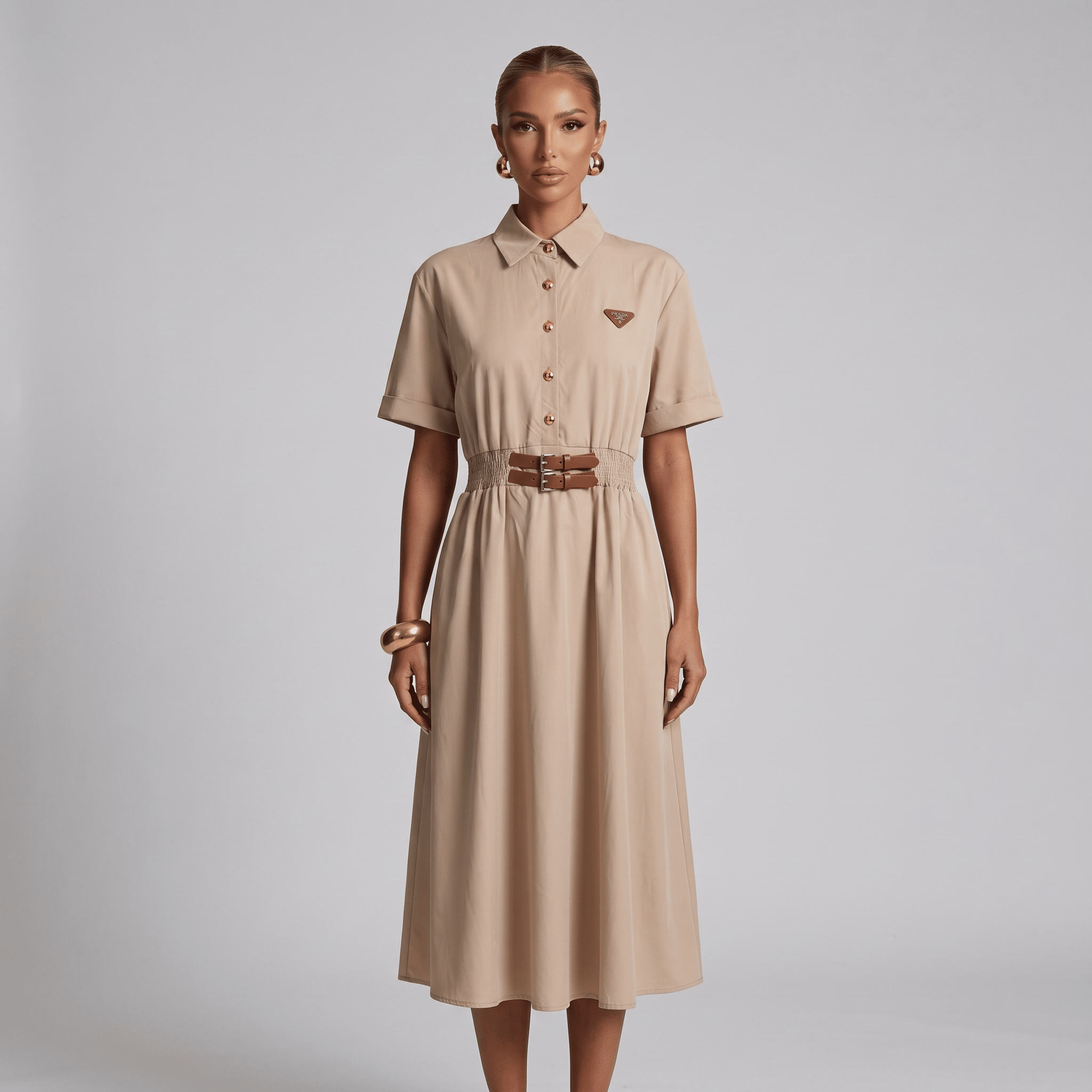 🤍 Prada Belted Shirt Midi Dress – Beige one size - MASTERPIECE