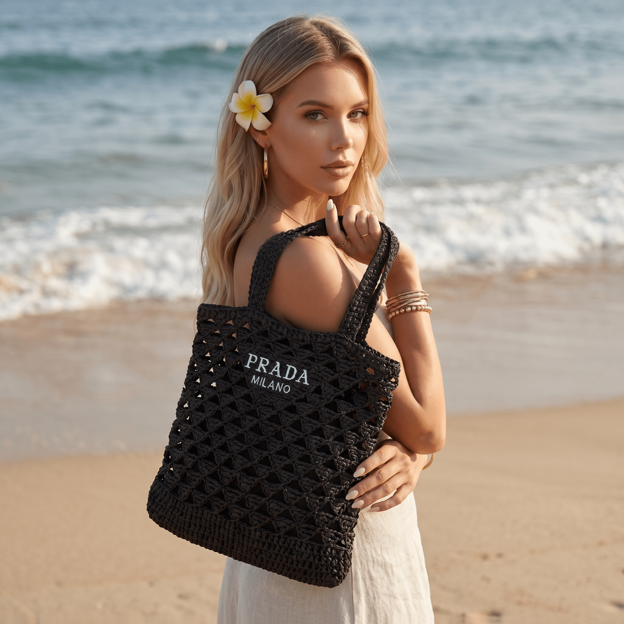 🖤 Prada Crochet Beach Tote Bag | Black Summer Knit Shopper 👜 - MASTERPIECE