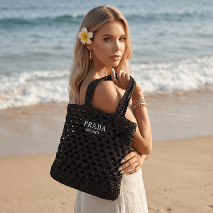 🖤 Prada Crochet Beach Tote Bag | Black Summer Knit Shopper 👜 - MASTERPIECE