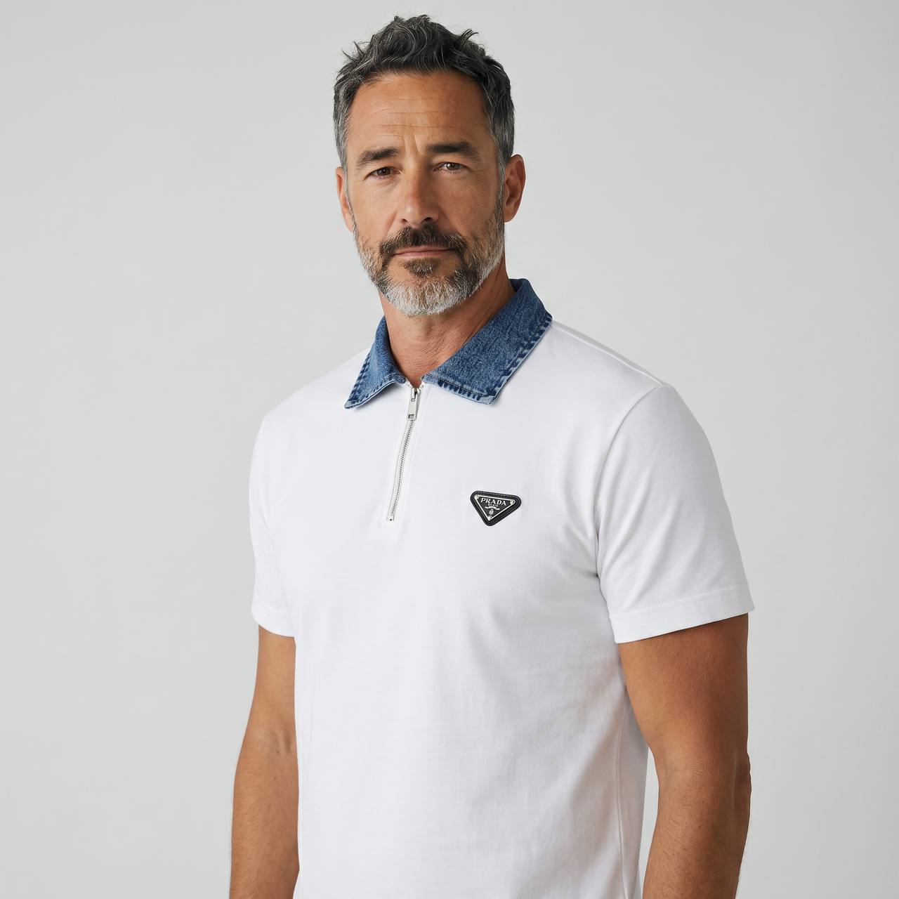 Prada Denim Collar Polo T-Shirt – White Luxury Edition 🤍👖✨ - MASTERPIECE