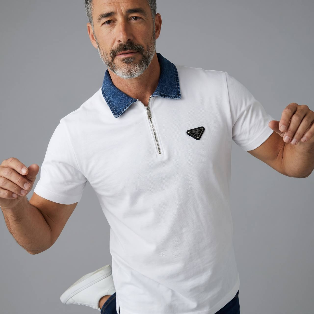 Prada Denim Collar Polo T-Shirt – White Luxury Edition 🤍👖✨ - MASTERPIECE