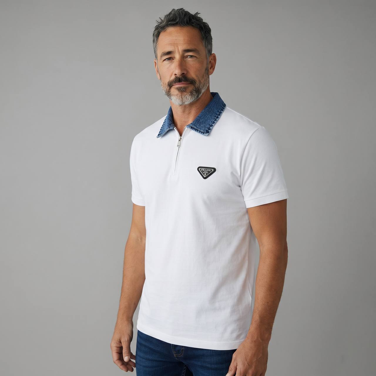 Prada Denim Collar Polo T-Shirt – White Luxury Edition 🤍👖✨ - MASTERPIECE
