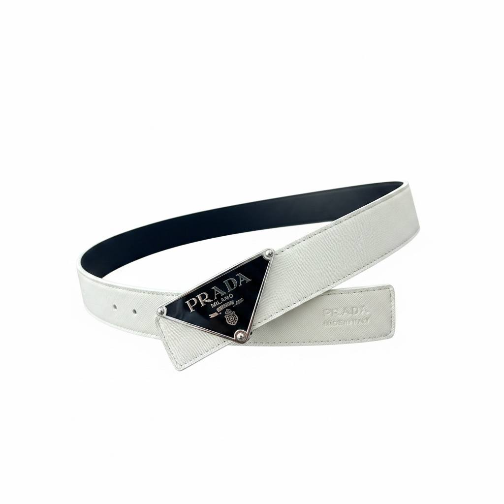 Prada Luxury White Belt 115CM – Triangle Logo Buckle Premium Designer Belt ✨🤍 - MASTERPIECE