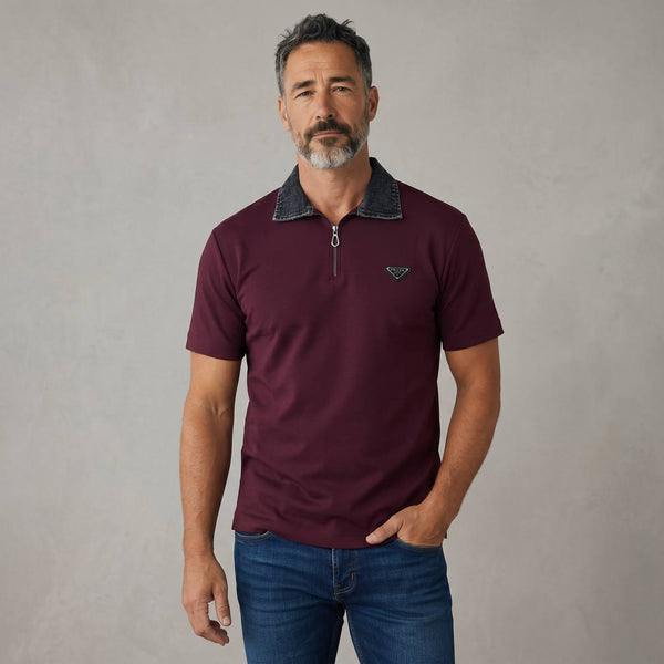Prada Milano Denim Collar Zip Polo – Burgundy Edition 🍷✨