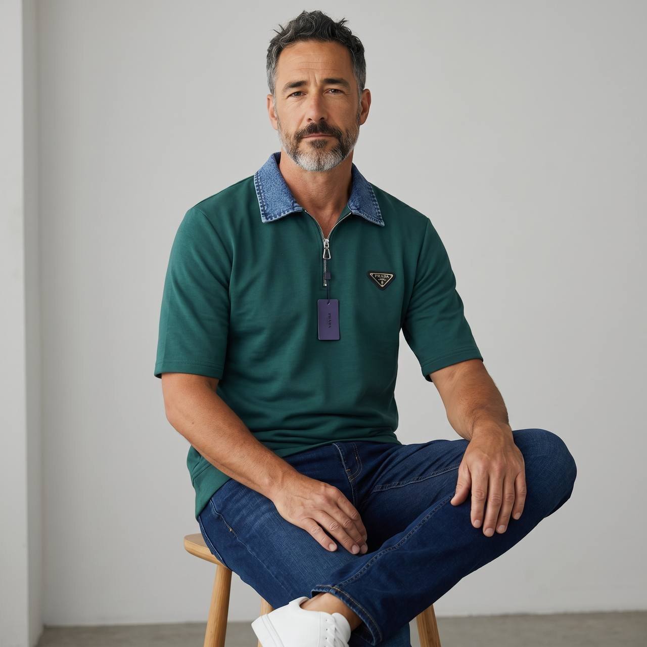 Prada Milano Denim Collar Zip Polo – Emerald Edition 💚👖 - MASTERPIECE