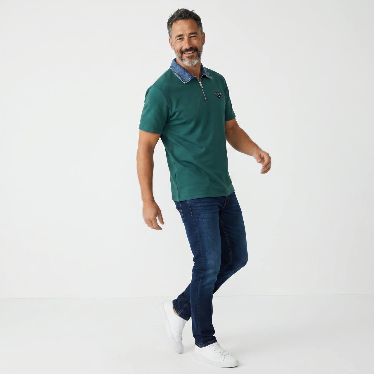 Prada Milano Denim Collar Zip Polo – Emerald Edition 💚👖 - MASTERPIECE