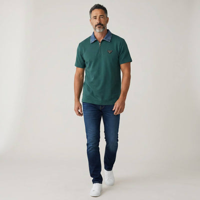 Prada Milano Denim Collar Zip Polo – Emerald Edition 💚👖 - MASTERPIECE