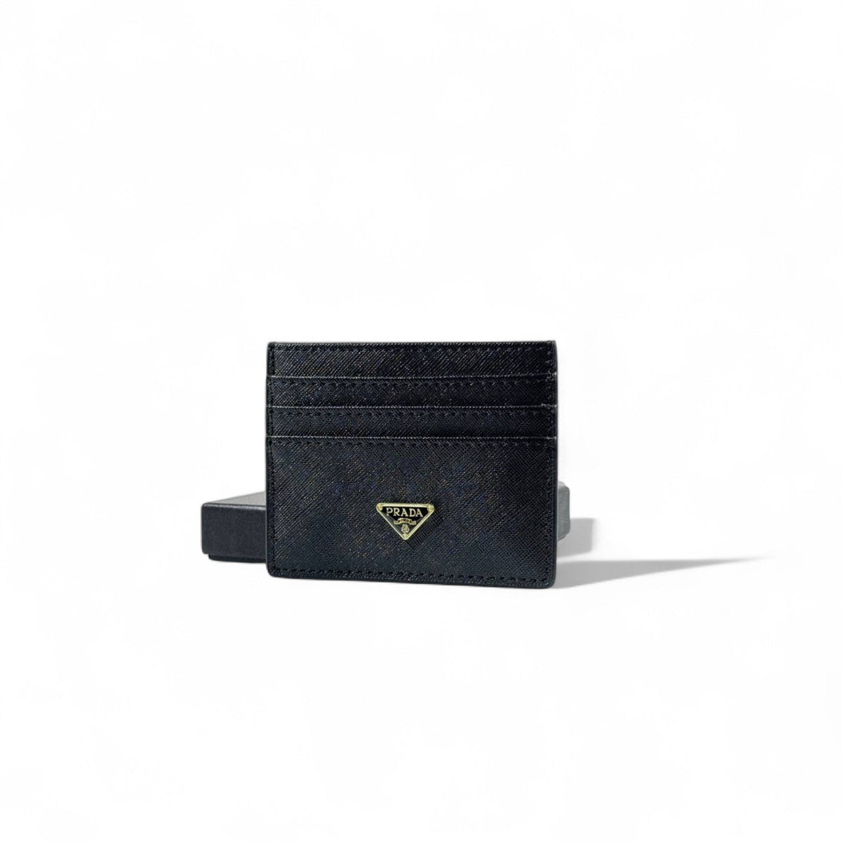 Prada Saffiano Leather Logo Card Holder — Black & Gold - MASTERPIECE