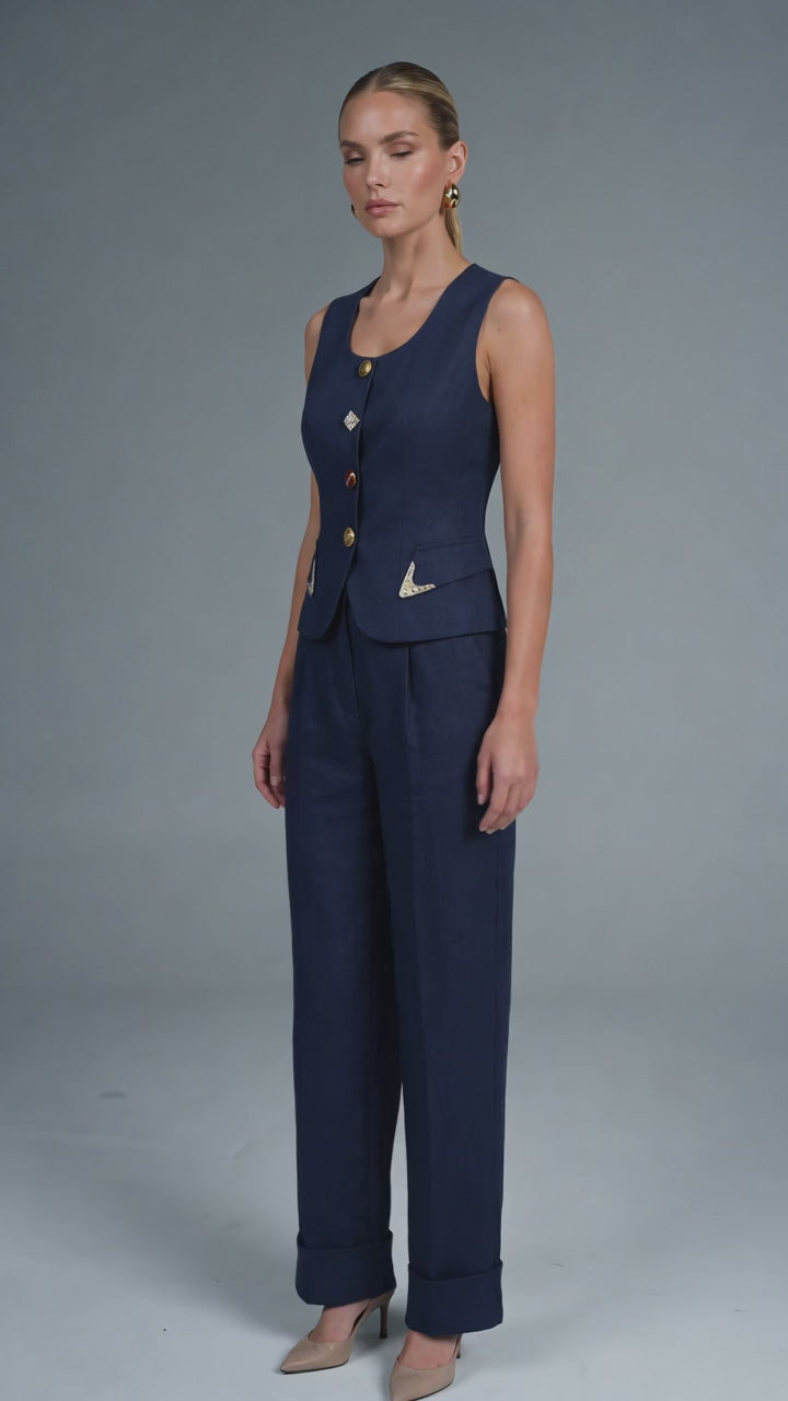 💙✨ Schiaparelli Navy Tailored Vest & Wide-Leg Pants Full Set