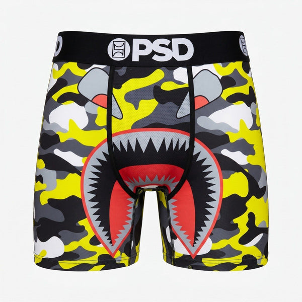 PSD Shark Camo Performance Boxer Briefs – Neon Yellow Compression Underwear 🦈⚡