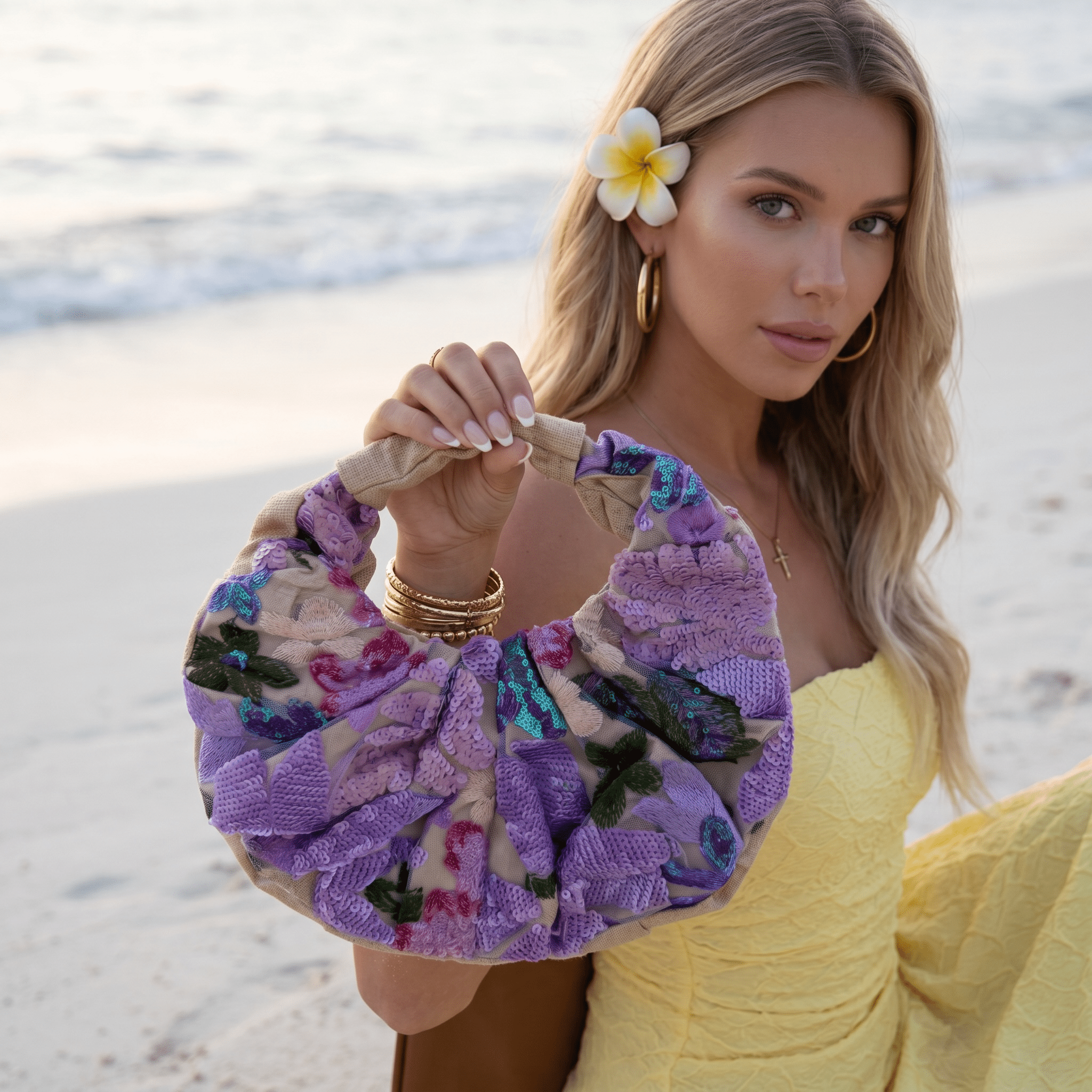 💜 Purple Floral Sequin Hobo Bag | Statement Shoulder Bag ✨ - MASTERPIECE