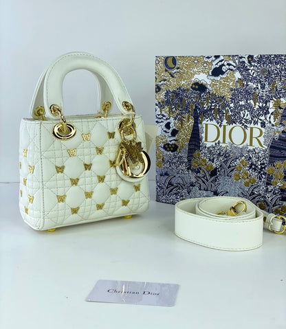 Dior Lady Dior Mini Bag with Gold Butterfly Studs