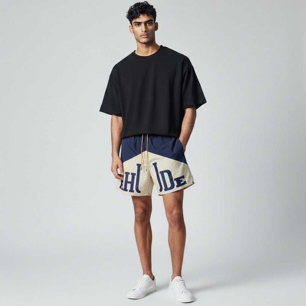 Rhude Panel Logo Swim Shorts — Navy & Cream - MASTERPIECE