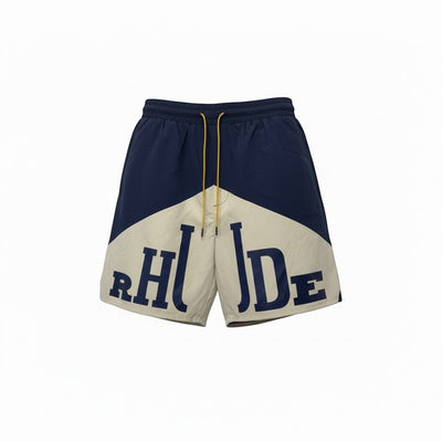 Rhude Panel Logo Swim Shorts — Navy & Cream - MASTERPIECE