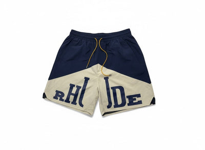Rhude Panel Logo Swim Shorts — Navy & Cream - MASTERPIECE