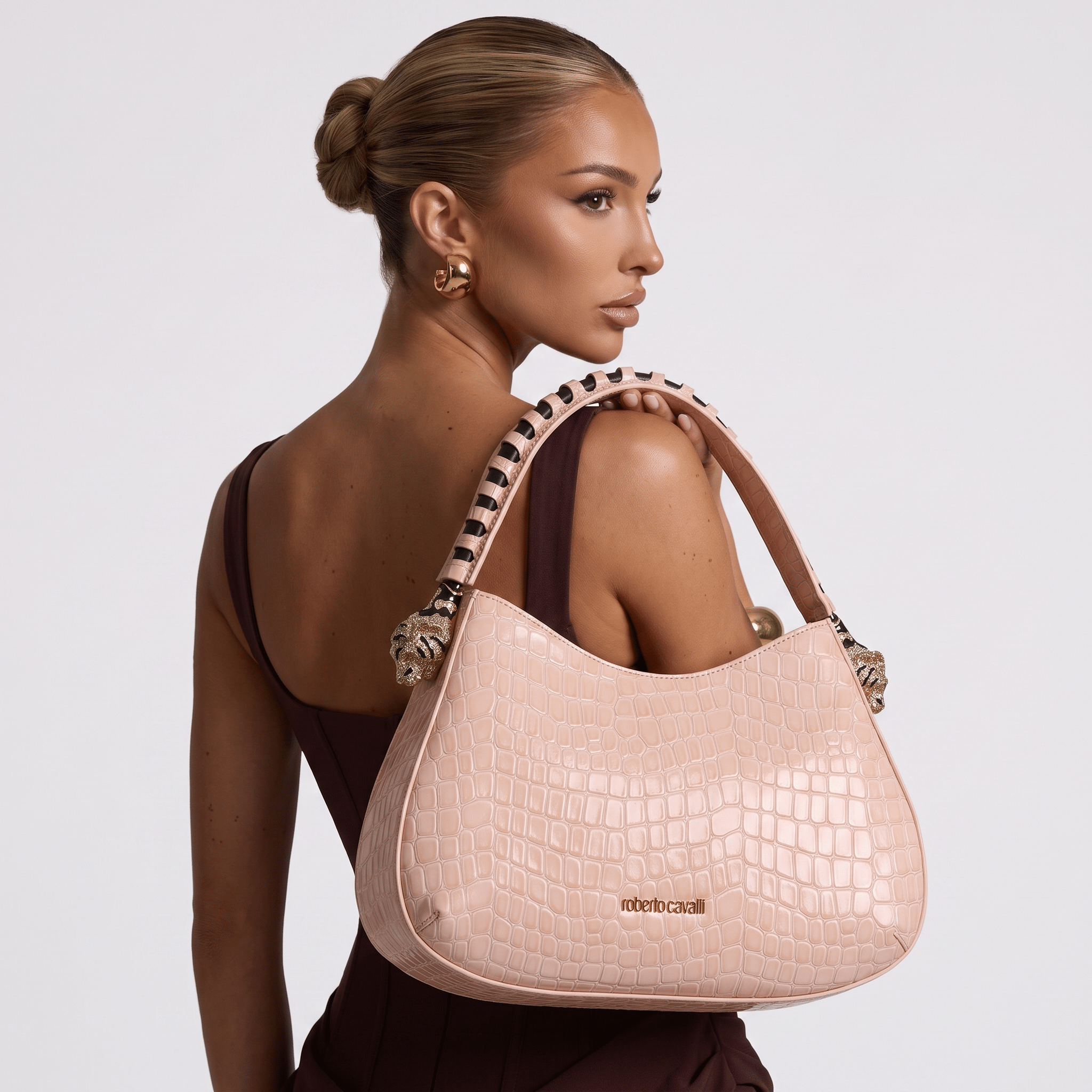 Roberto Cavalli Croc-Embossed Leather Hobo Shoulder Bag – Blush Pink - MASTERPIECE