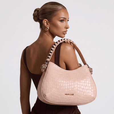 Roberto Cavalli Croc-Embossed Leather Hobo Shoulder Bag – Blush Pink - MASTERPIECE