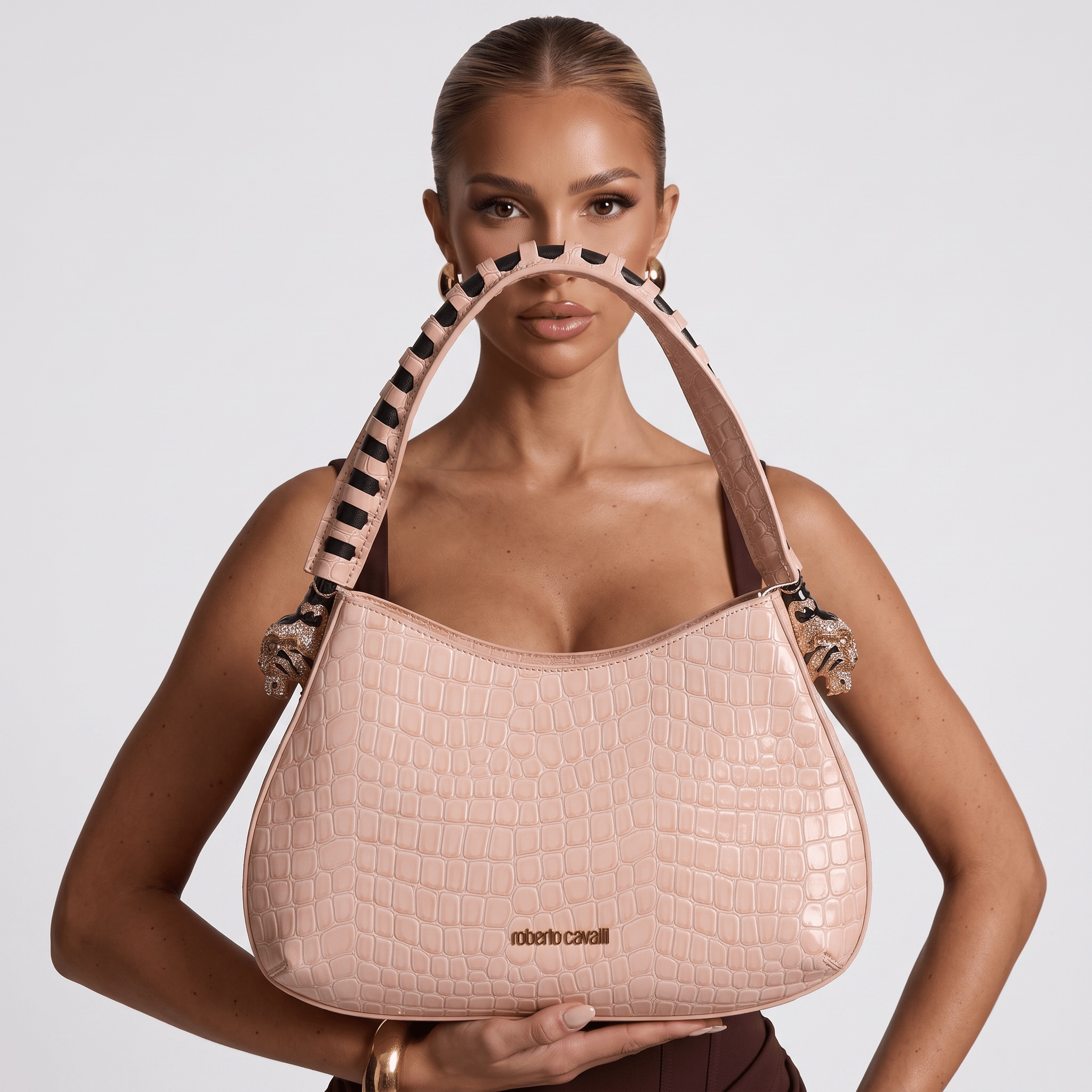 Roberto Cavalli Croc-Embossed Leather Hobo Shoulder Bag – Blush Pink - MASTERPIECE
