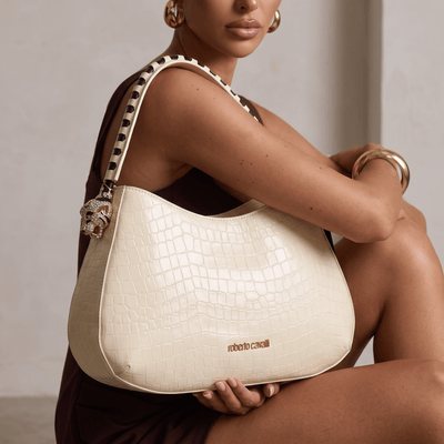 Roberto Cavalli Croc-Embossed Leather Hobo Shoulder Bag – Ivory - MASTERPIECE