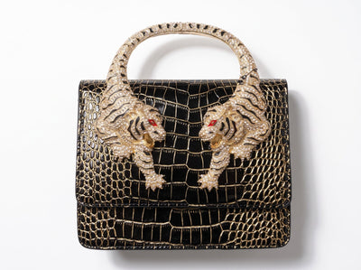 Roberto Cavalli Crystal Tiger Handle Croc-Effect Bag – Black & Gold ✨ - MASTERPIECE