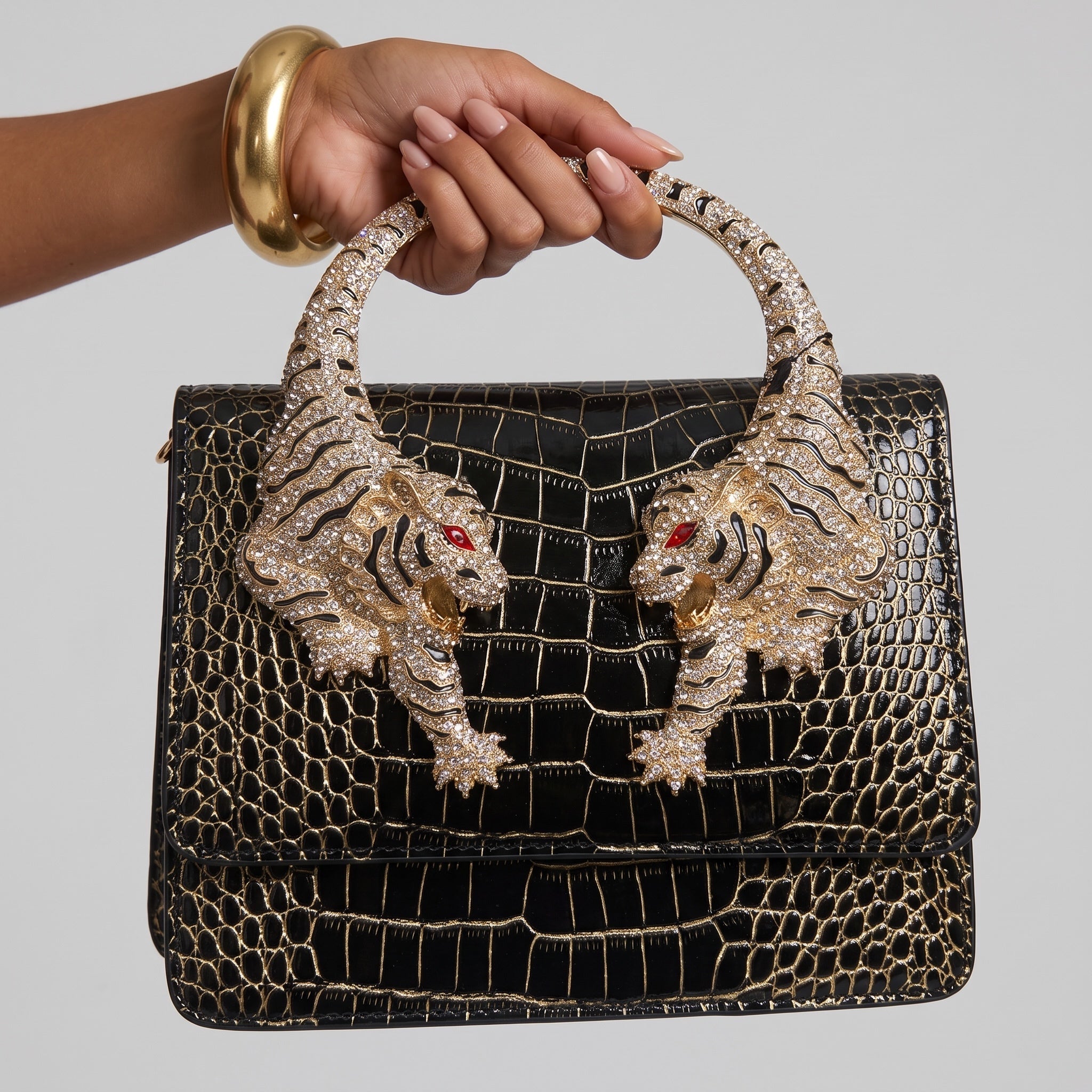 Roberto Cavalli Crystal Tiger Handle Croc-Effect Bag – Black & Gold ✨ - MASTERPIECE