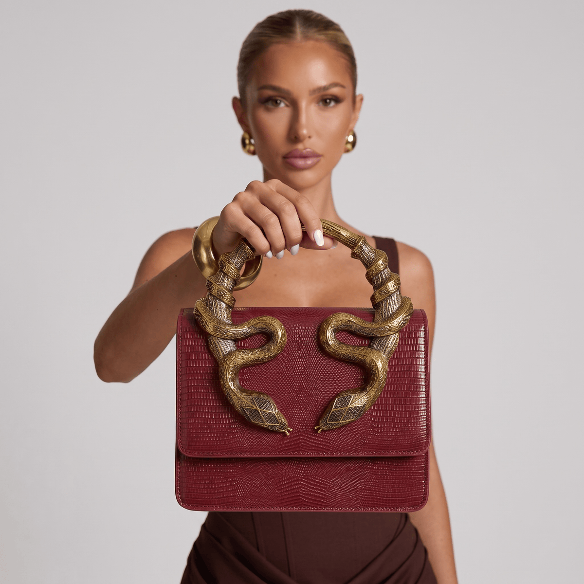 ROBERTO CAVALLI Snake Handle Mini Bag – Burgundy Gold 🍷🐍 | Iconic Statement Luxury - MASTERPIECE