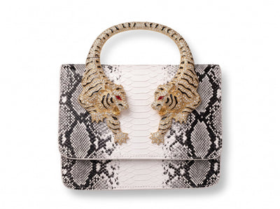 Roberto Cavalli Tiger Handle Snake-Print Handbag – White & Black ✨ - MASTERPIECE