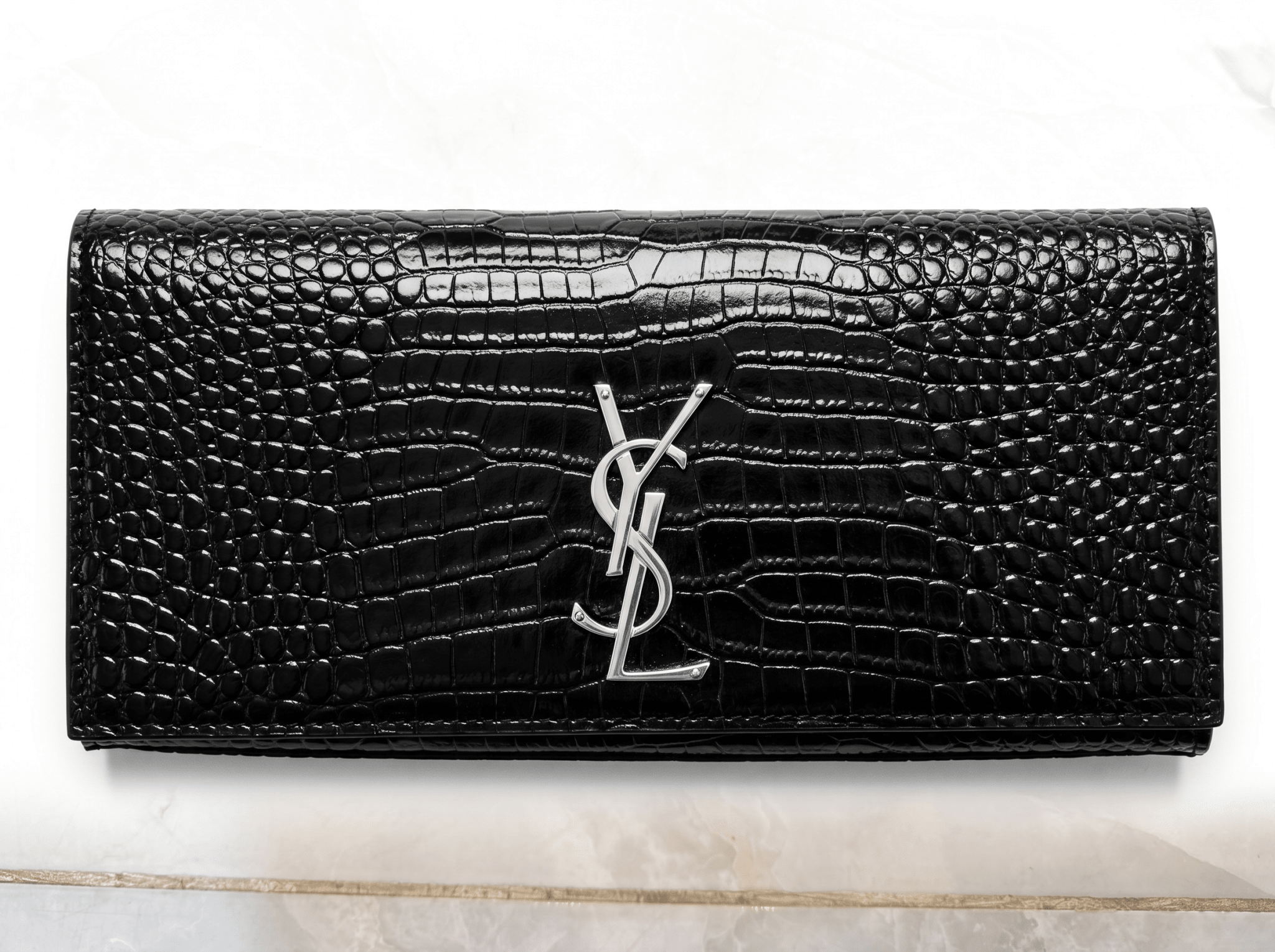 Saint Laurent Black Croc-Embossed Silver YSL Clutch 🖤✨🩶👛🔥 - MASTERPIECE