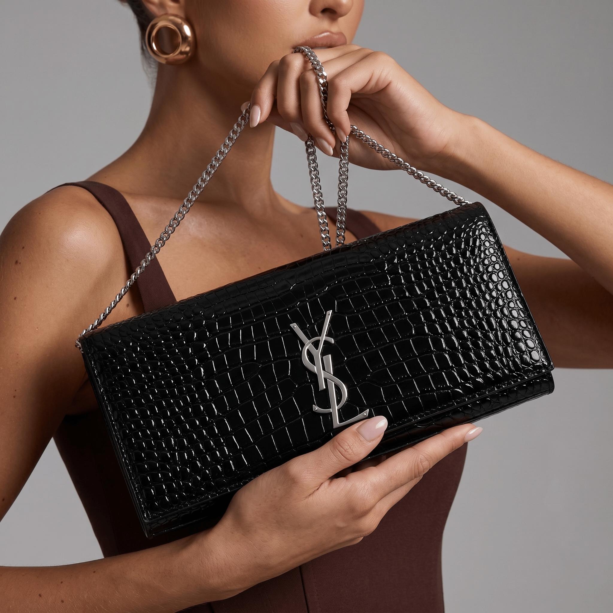 Saint Laurent Black Croc-Embossed Silver YSL Clutch 🖤✨🩶👛🔥 - MASTERPIECE