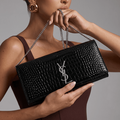 Saint Laurent Black Croc-Embossed Silver YSL Clutch 🖤✨🩶👛🔥 - MASTERPIECE