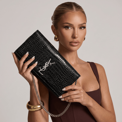 Saint Laurent Black Croc-Embossed Silver YSL Clutch 🖤✨🩶👛🔥 - MASTERPIECE