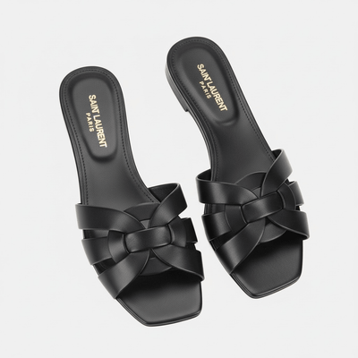 SAINT LAURENT Interlaced Leather Slides 🖤✨ | Minimal Luxury Essential - MASTERPIECE