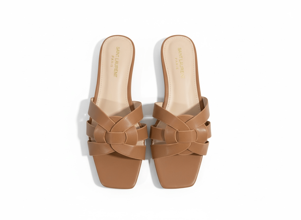SAINT LAURENT Interlaced Leather Slides – Tan 🤎✨ | Everyday Luxury Essential - MASTERPIECE