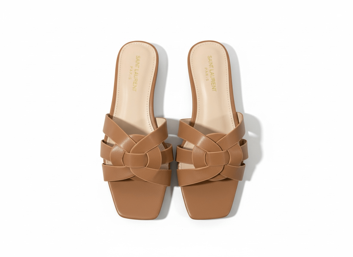 SAINT LAURENT Interlaced Leather Slides – Tan 🤎✨ | Everyday Luxury Essential - MASTERPIECE