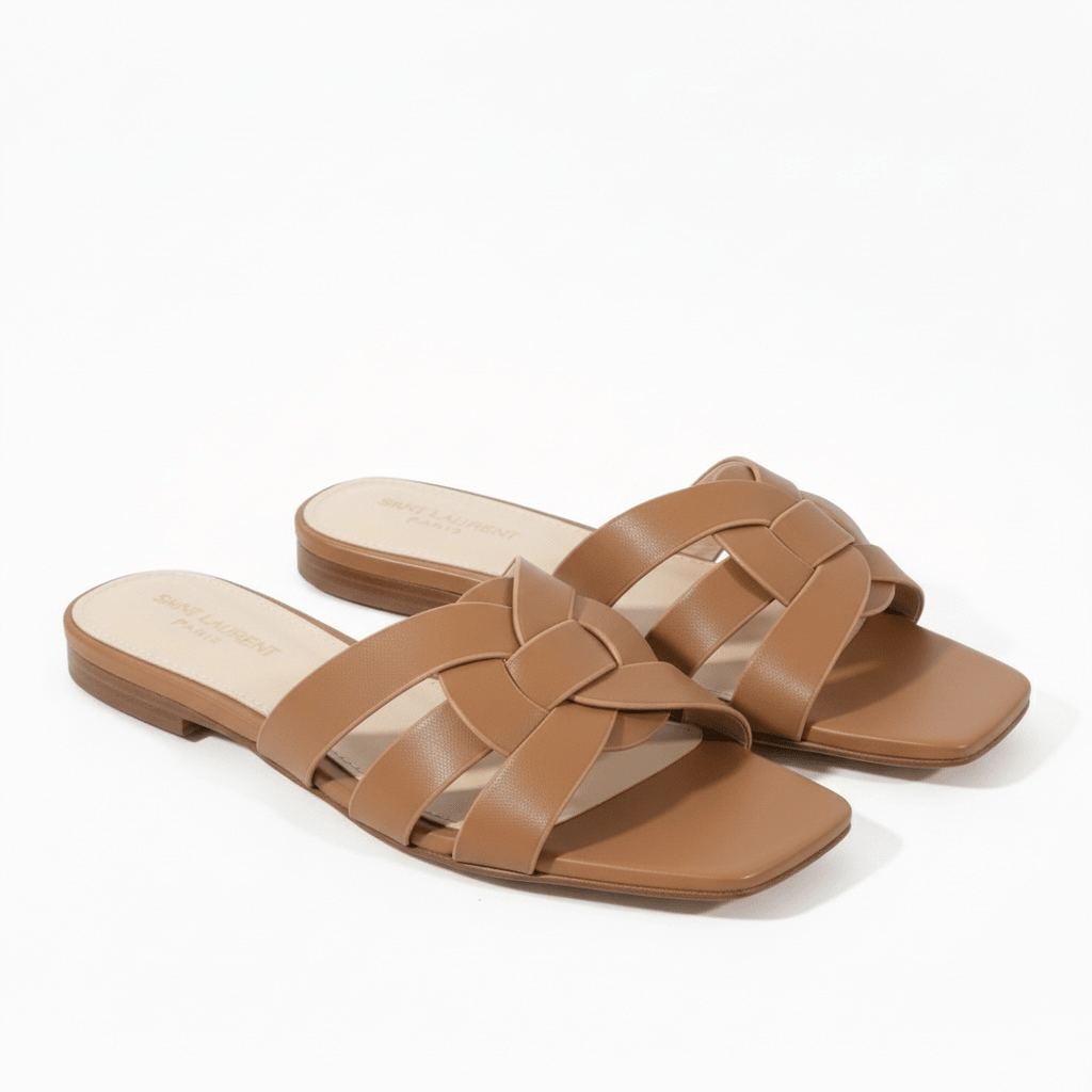 SAINT LAURENT Interlaced Leather Slides – Tan 🤎✨ | Everyday Luxury Essential - MASTERPIECE