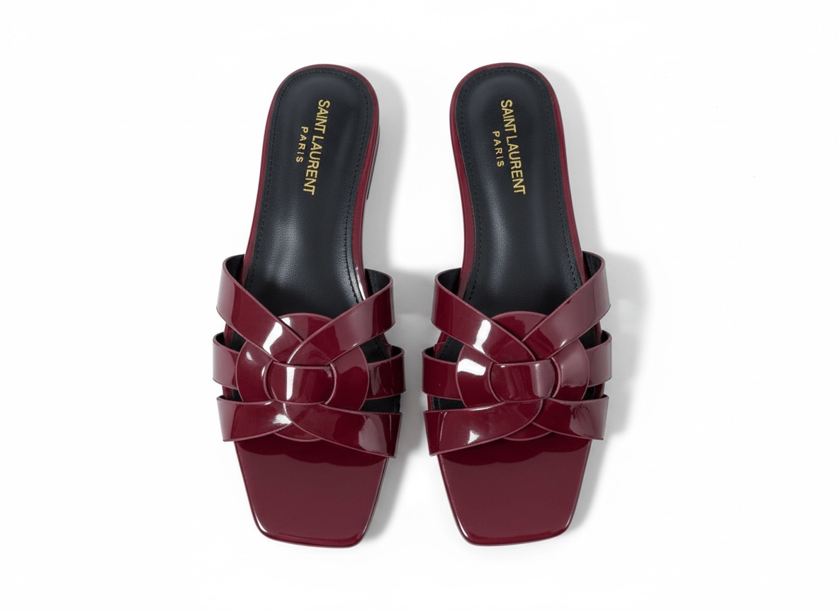 SAINT LAURENT Interlaced Patent Slides 🖤✨ | Glossy Statement Flats - MASTERPIECE