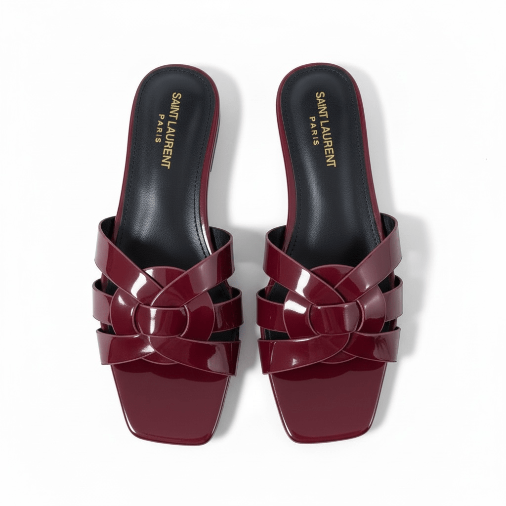 SAINT LAURENT Interlaced Patent Slides 🖤✨ | Glossy Statement Flats - MASTERPIECE