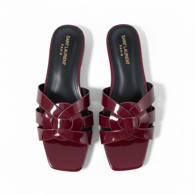 SAINT LAURENT Interlaced Patent Slides 🖤✨ | Glossy Statement Flats - MASTERPIECE