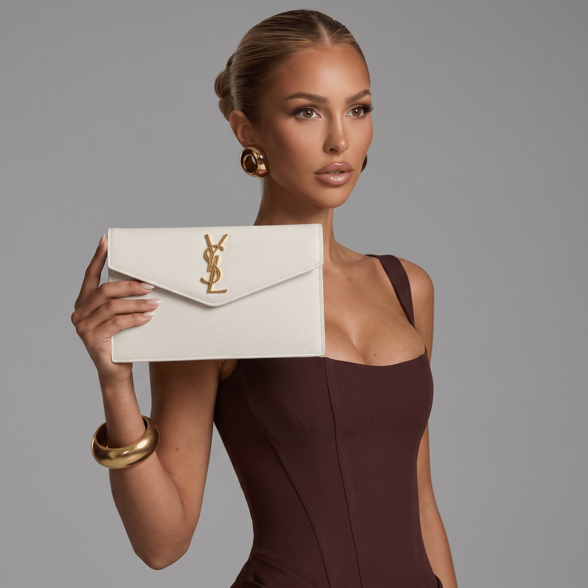 Saint Laurent Ivory Grain Leather YSL Envelope Clutch 🤍✨💛👛🔥 - MASTERPIECE