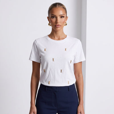Saint Laurent T-Shirt – White Gold Logo ✨ one size - MASTERPIECE