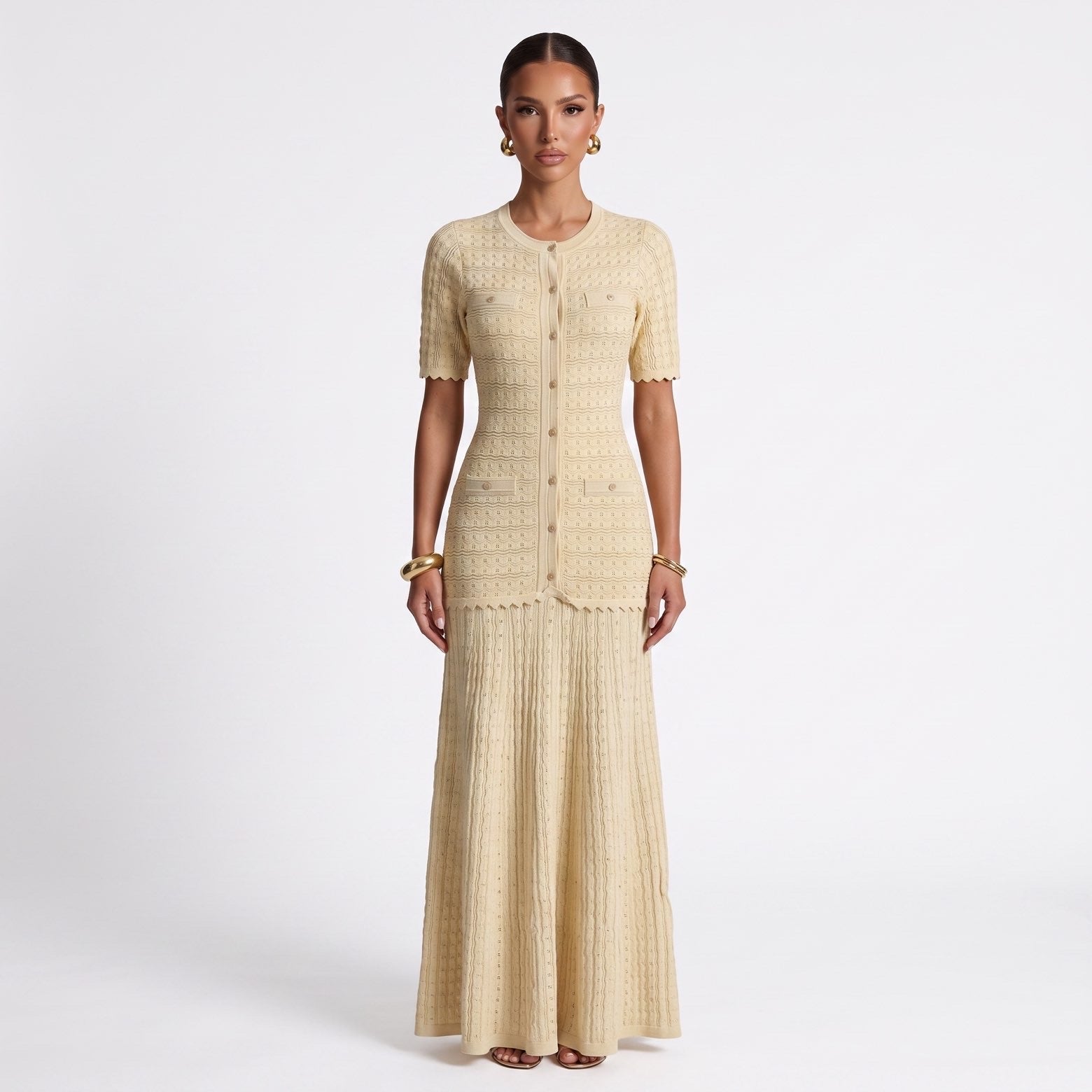 Sandro Paris Knit Short Sleeve Midi Dress – Beige - MASTERPIECE