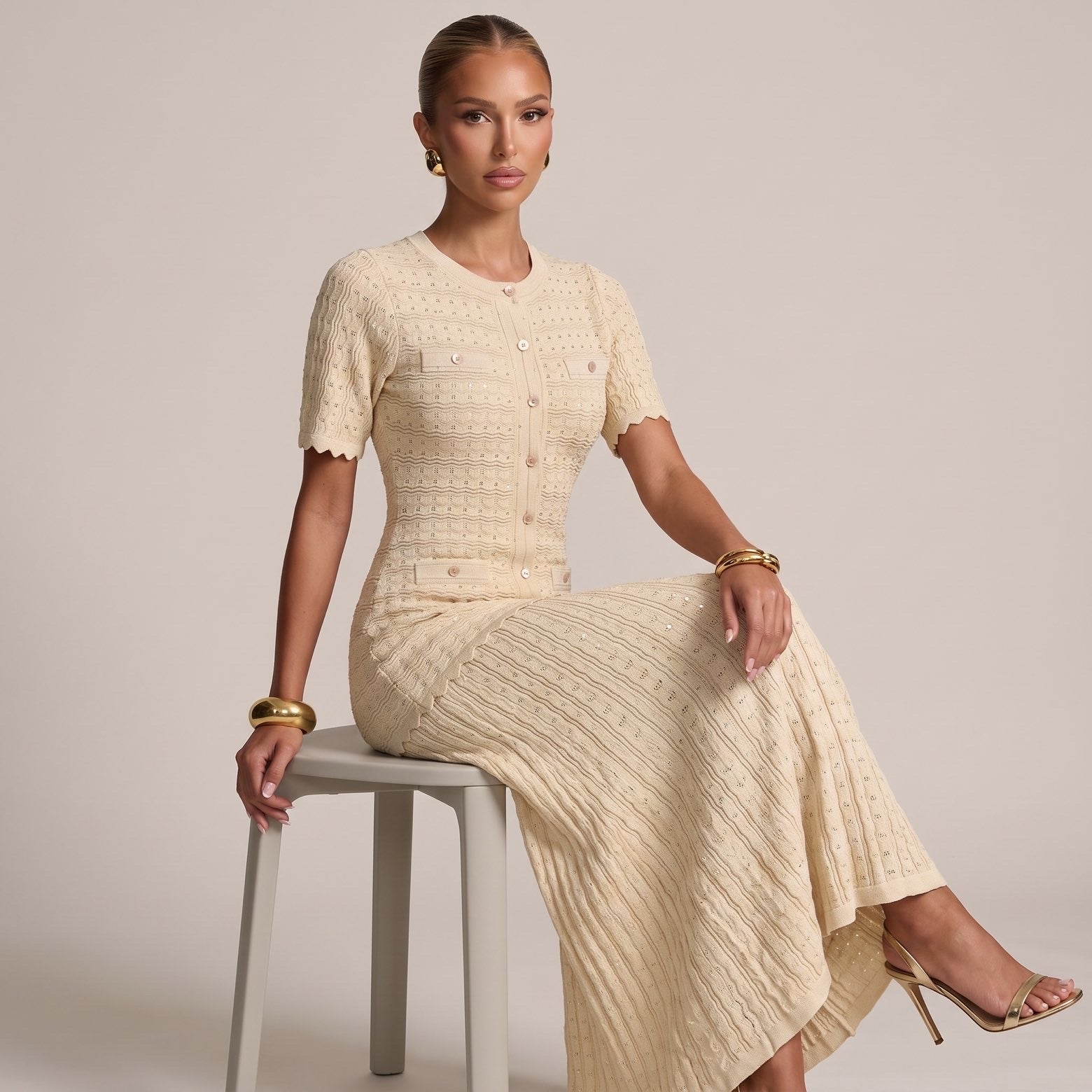 Sandro Paris Knit Short Sleeve Midi Dress – Beige - MASTERPIECE