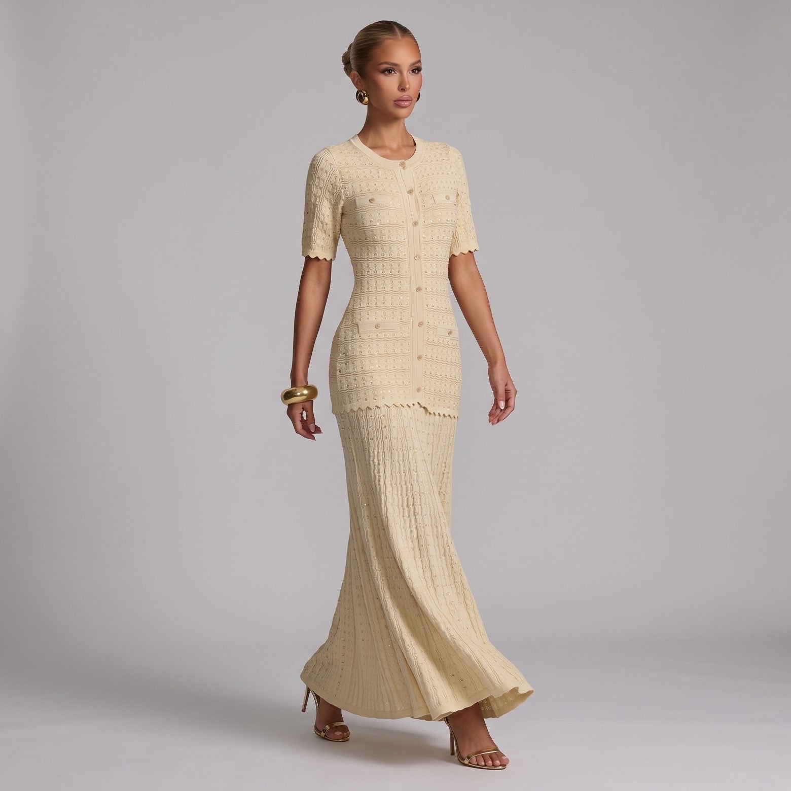 Sandro Paris Knit Short Sleeve Midi Dress – Beige - MASTERPIECE