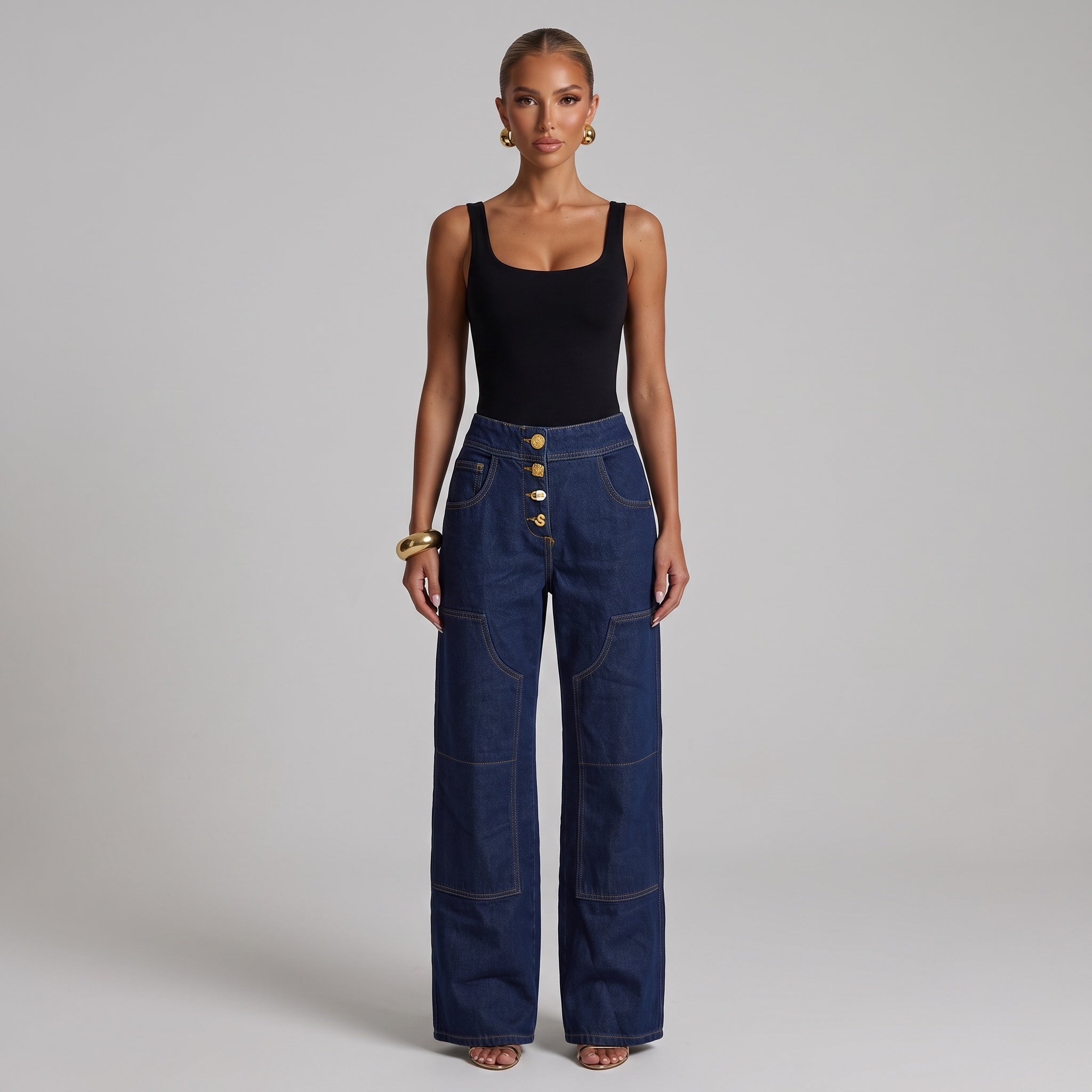 Schiaparelli Gold Charm High-Waist Wide-Leg Jeans – Dark Blue ✨ - MASTERPIECE