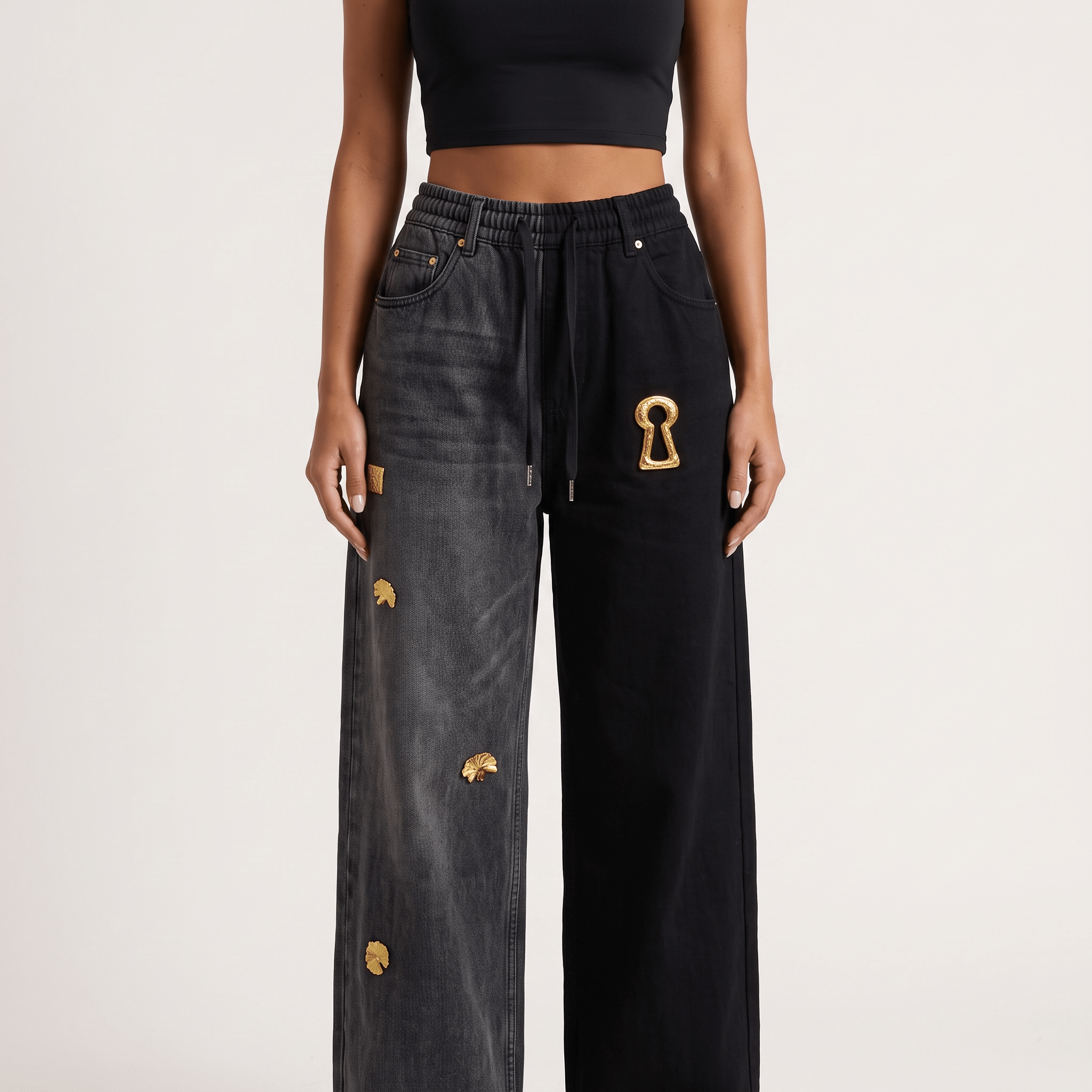 Schiaparelli Keyhole Embellished Two-Tone Wide-Leg Jeans 🔑✨ - MASTERPIECE